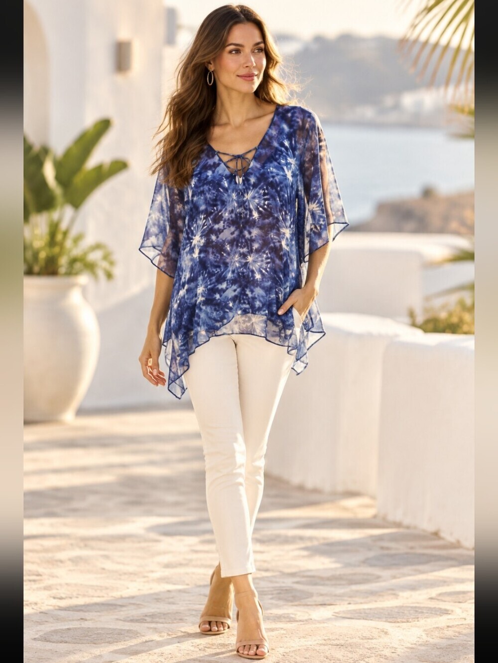 Blue Tie-Dye Style Women's Top V- Neck With Lace-Up Detail Size Medium